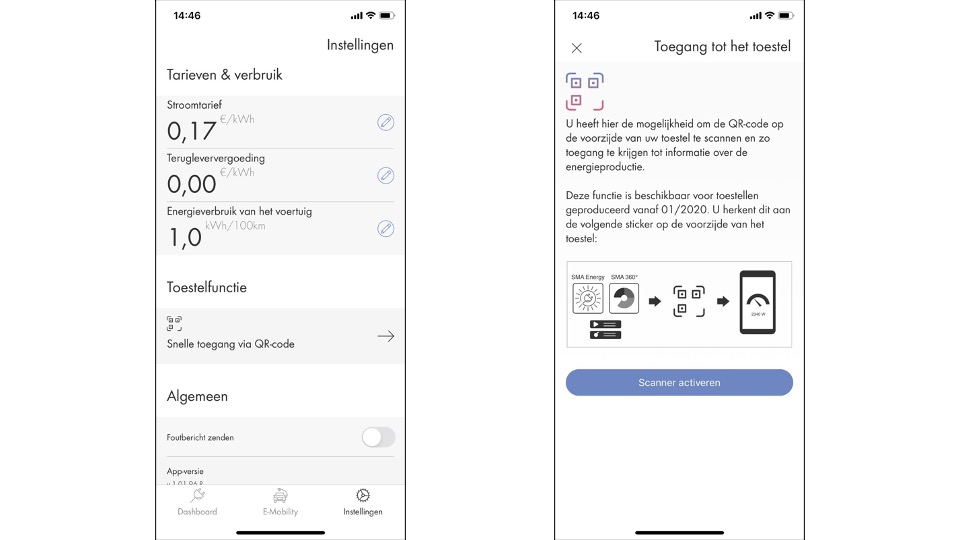 Screenshots van de Energy App: hoe u toegang kunt krijgen tot de QR-code scanner voor directe uitlezing van het toestel